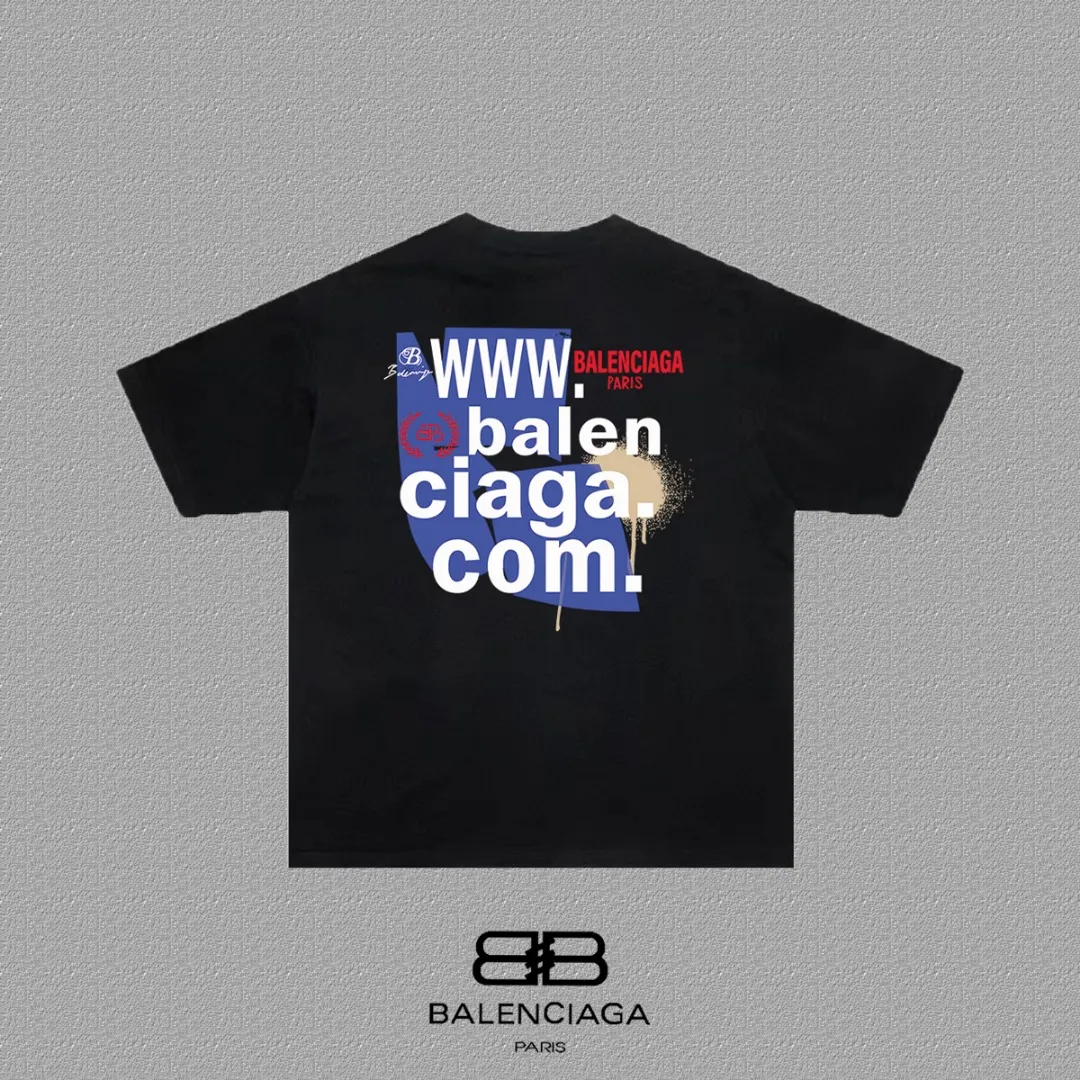 P80✨🔥 BALENCIAGA Paris lettering printed short-sleeved T-shirt, custom-woven and dyed 280g combed cotton heavyweight fabric, zero color difference in thread, perfect details, different from the current version on the market, welcome to compare, Same Style for men and women, must-sell in the picture above Color: White Black Size: 1 2 3 4